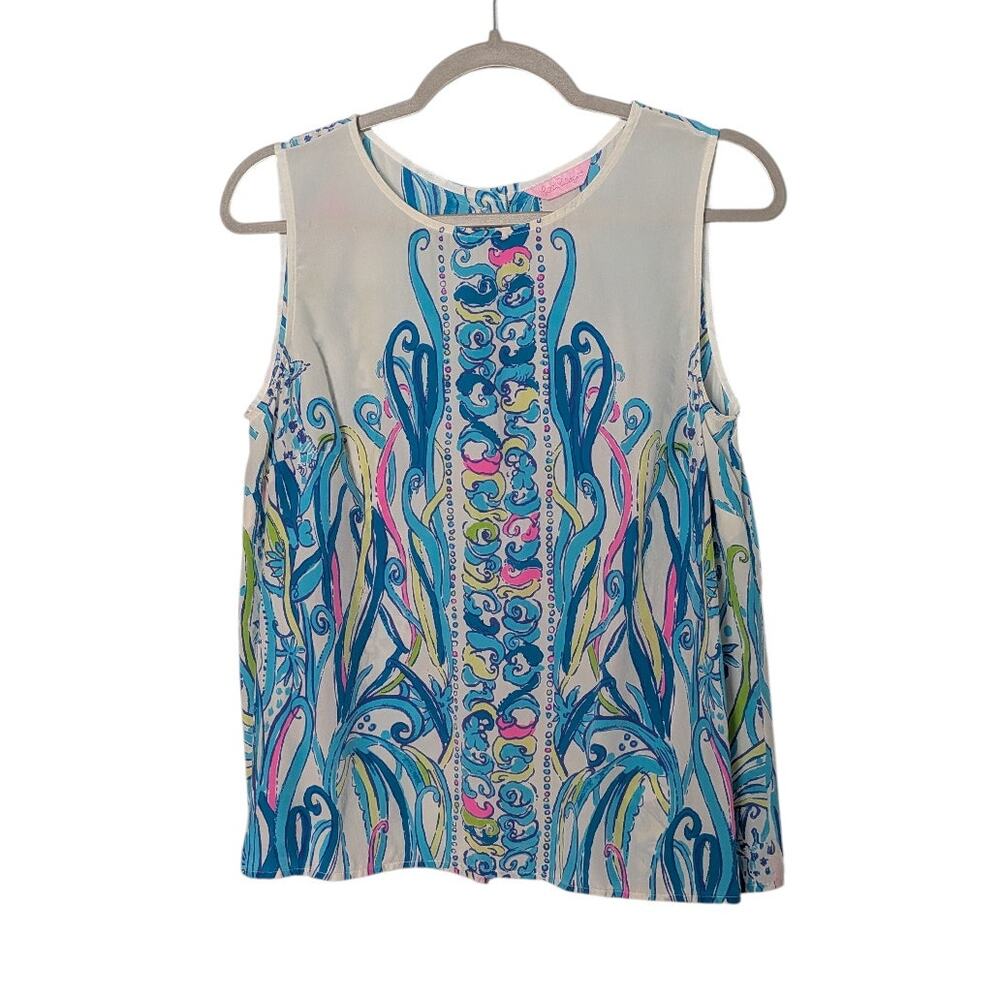 Lilly Pulitzer Women's Iona 100% Silk Tank Shell Love Story Blue Sleeveless Top